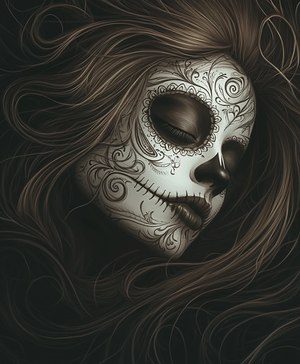 Woman portrait with sugar skull makeup on black background