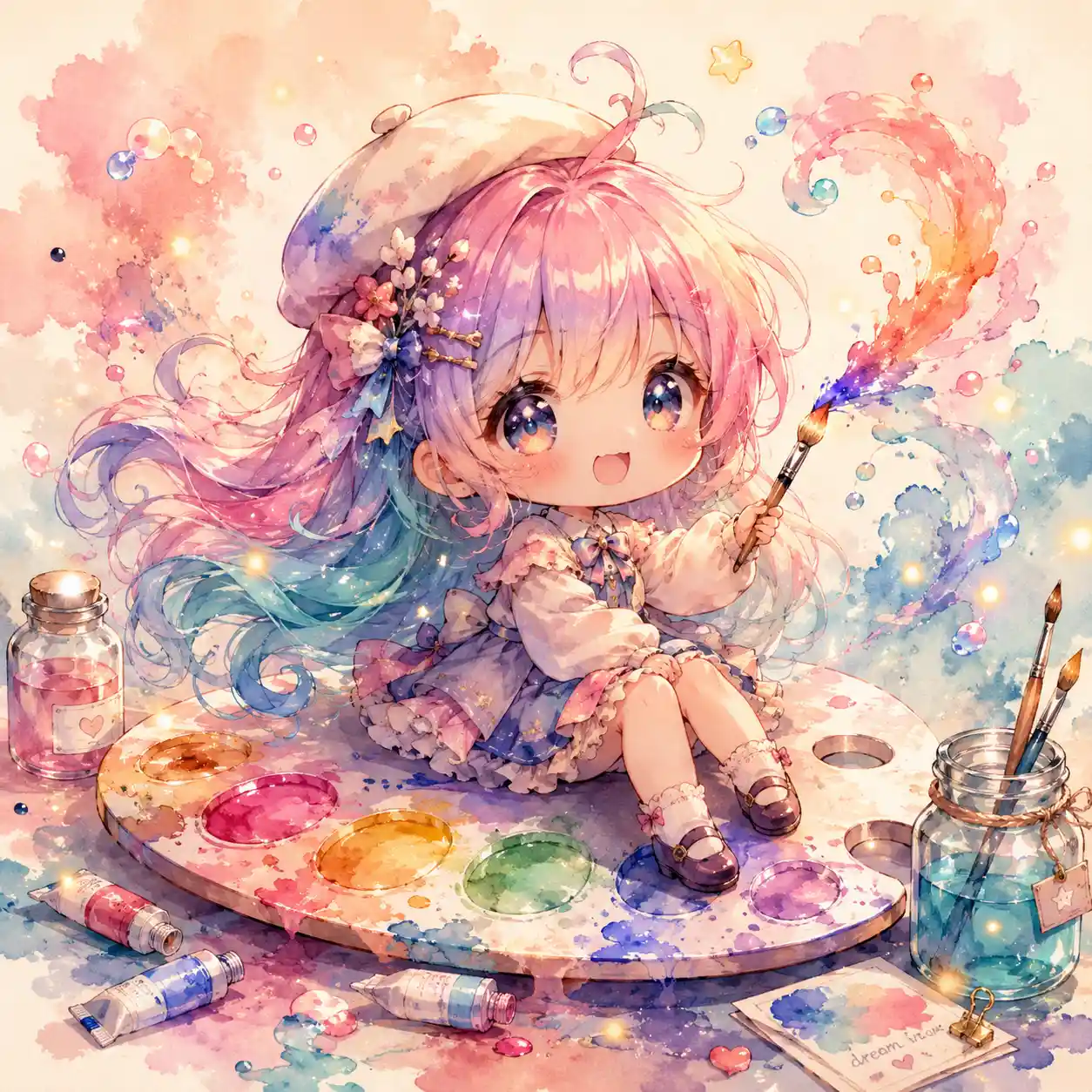 Dolce ragazza anime chibi su una gigantesca tavolozza ad acquarello