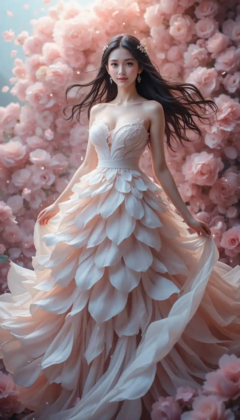 Elegant woman in a flowing petal dress of soft pastels