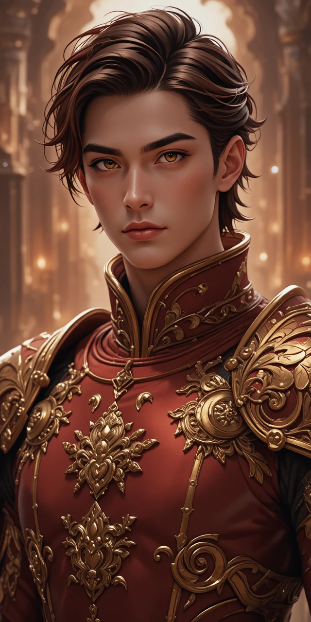 Golden skinned anime warrior with draconic horns and armor