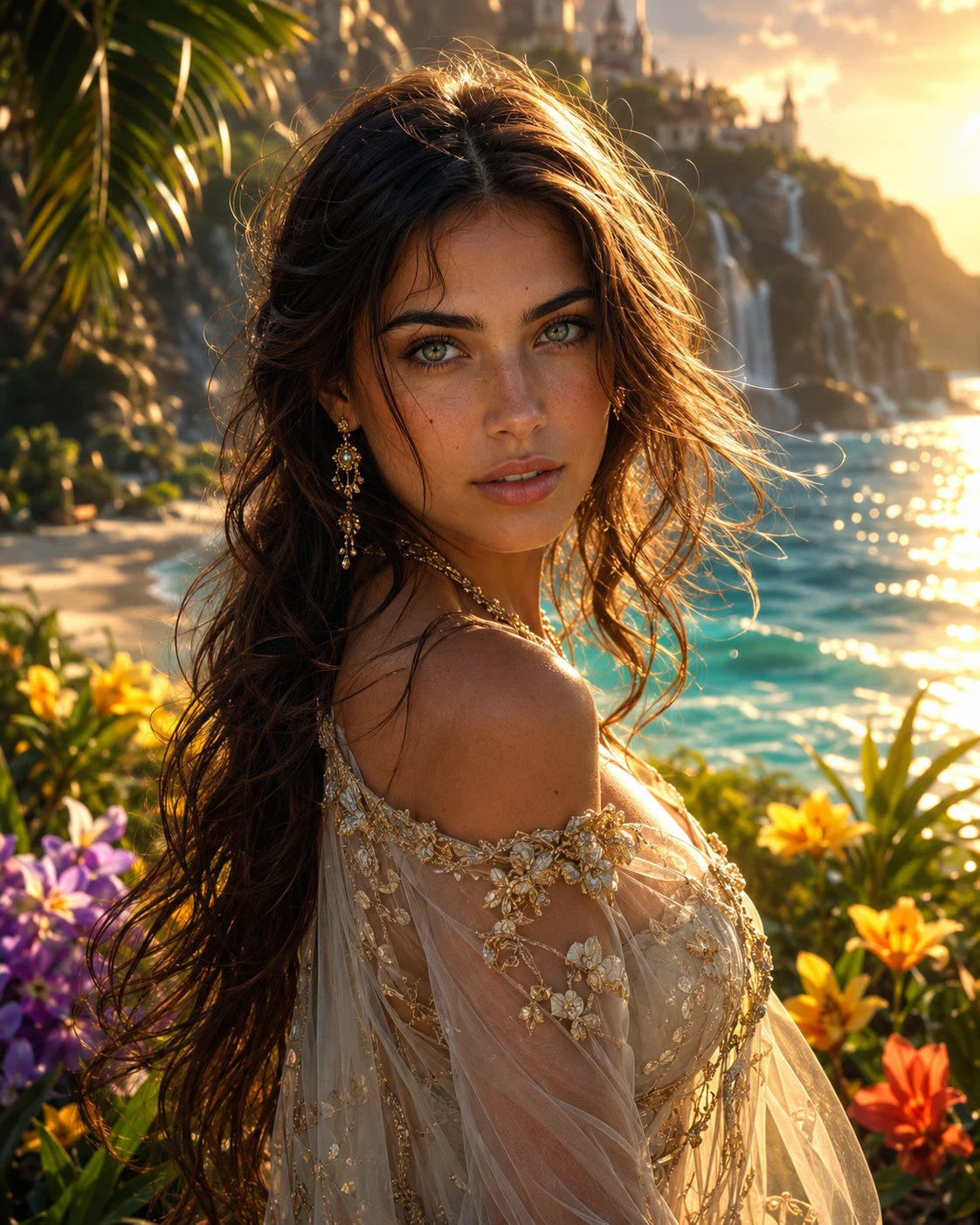 Donna seducente su una spiaggia tropicale illuminata dal sole al tramonto