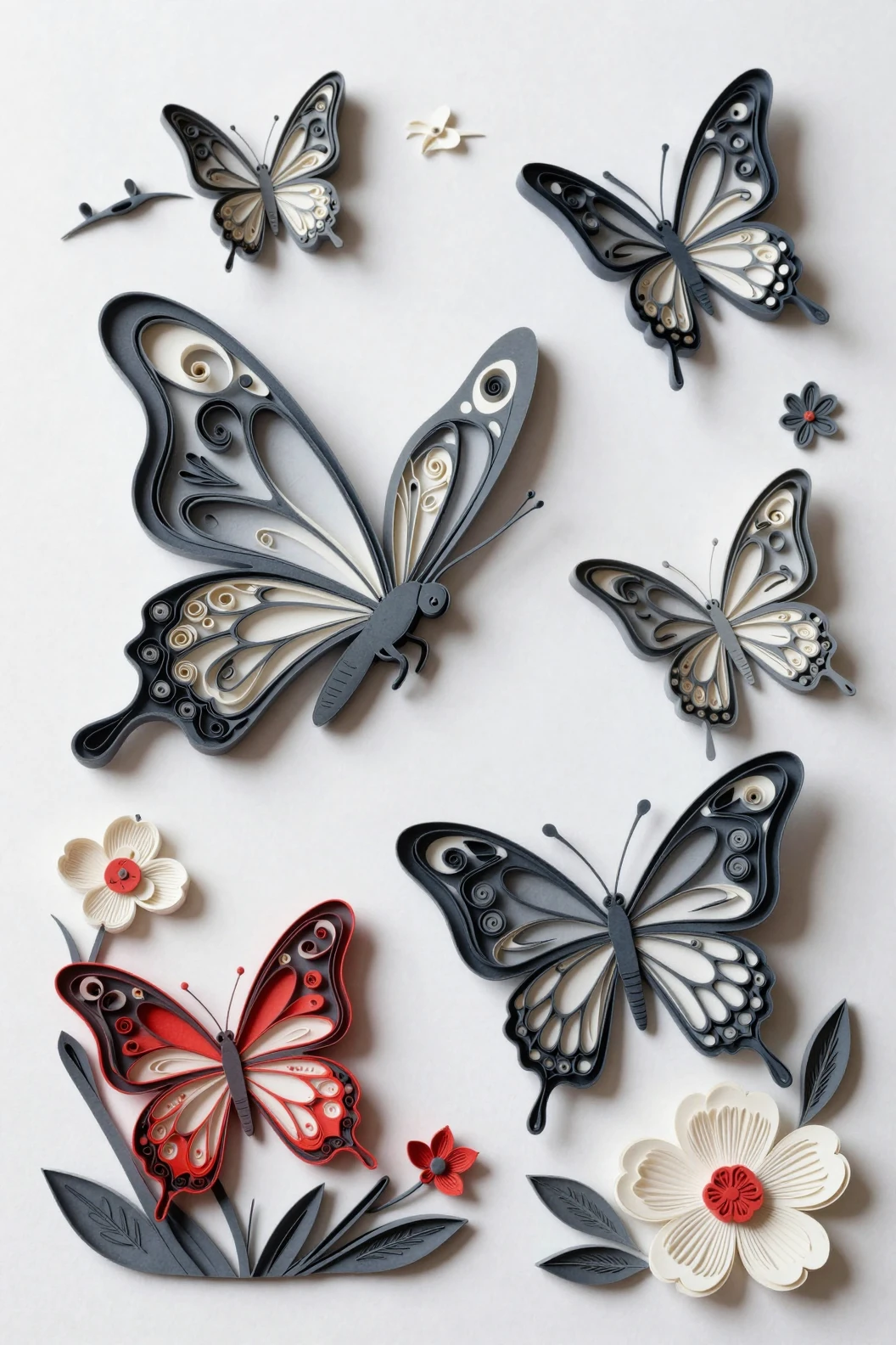 Paper butterflies in flight with swirling abstract wings