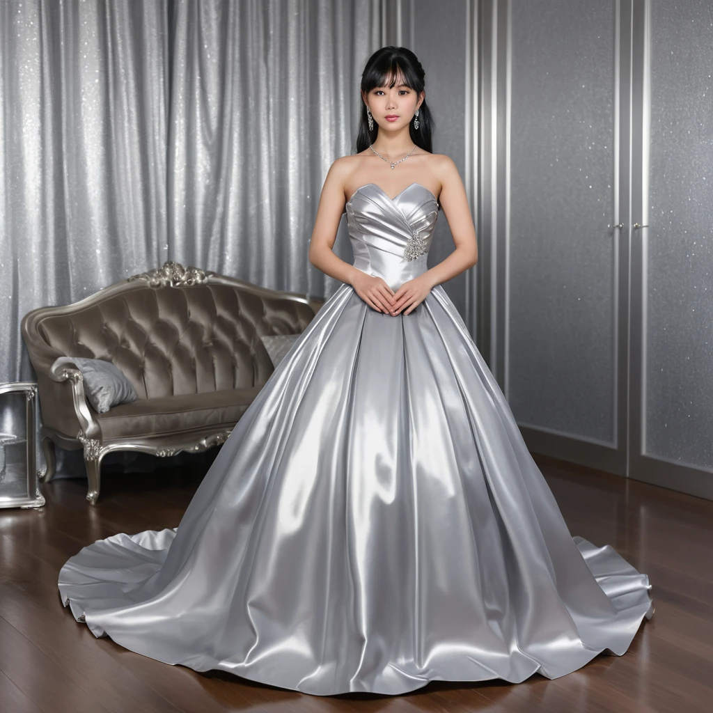 Elegant Japanese girl in silver satin ballgown