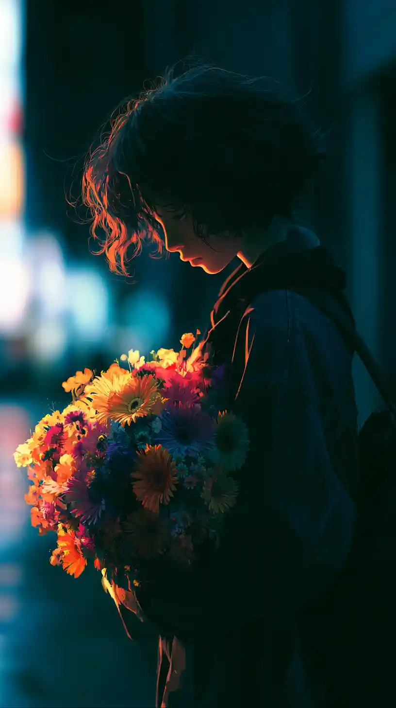 Anime girl holding flowers on a moody night street