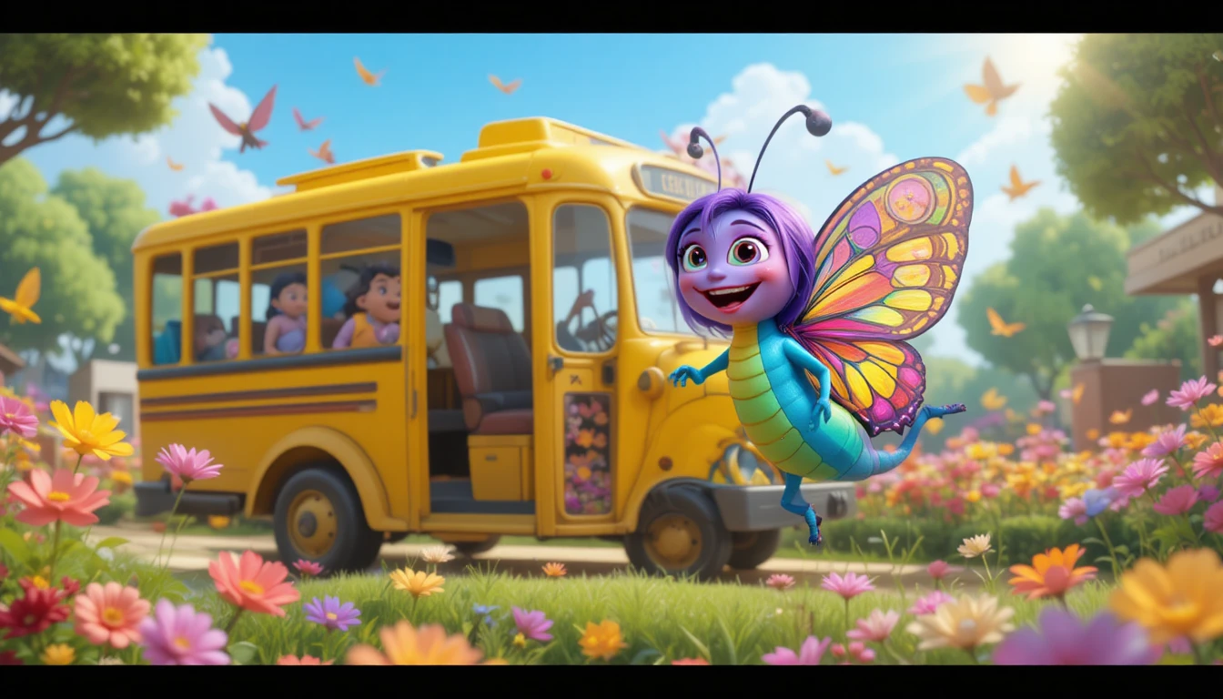 Colorful 3D butterfly riding a crowded yellow bus