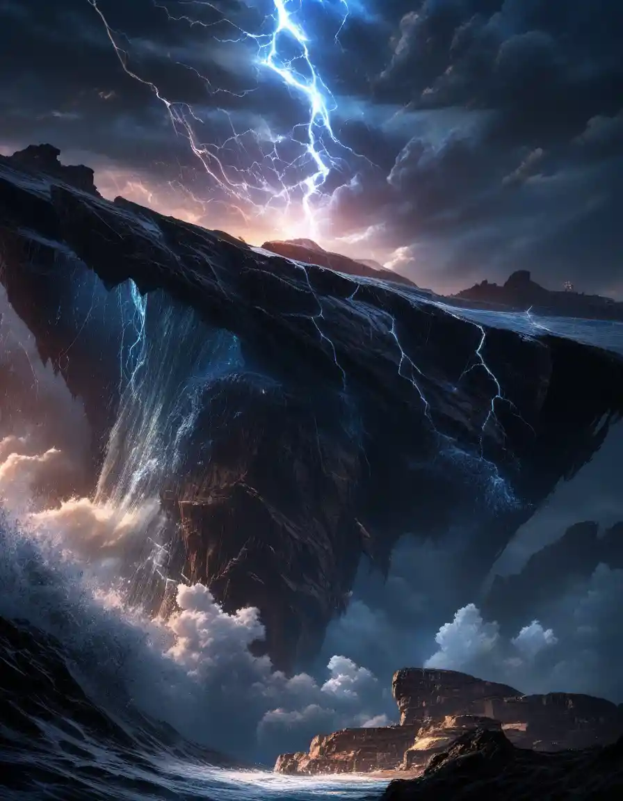 Lighthouse battered by storm waves and lightning at sea cliffs
