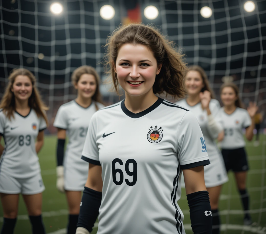 German soccer player close up in spotlight before goal
