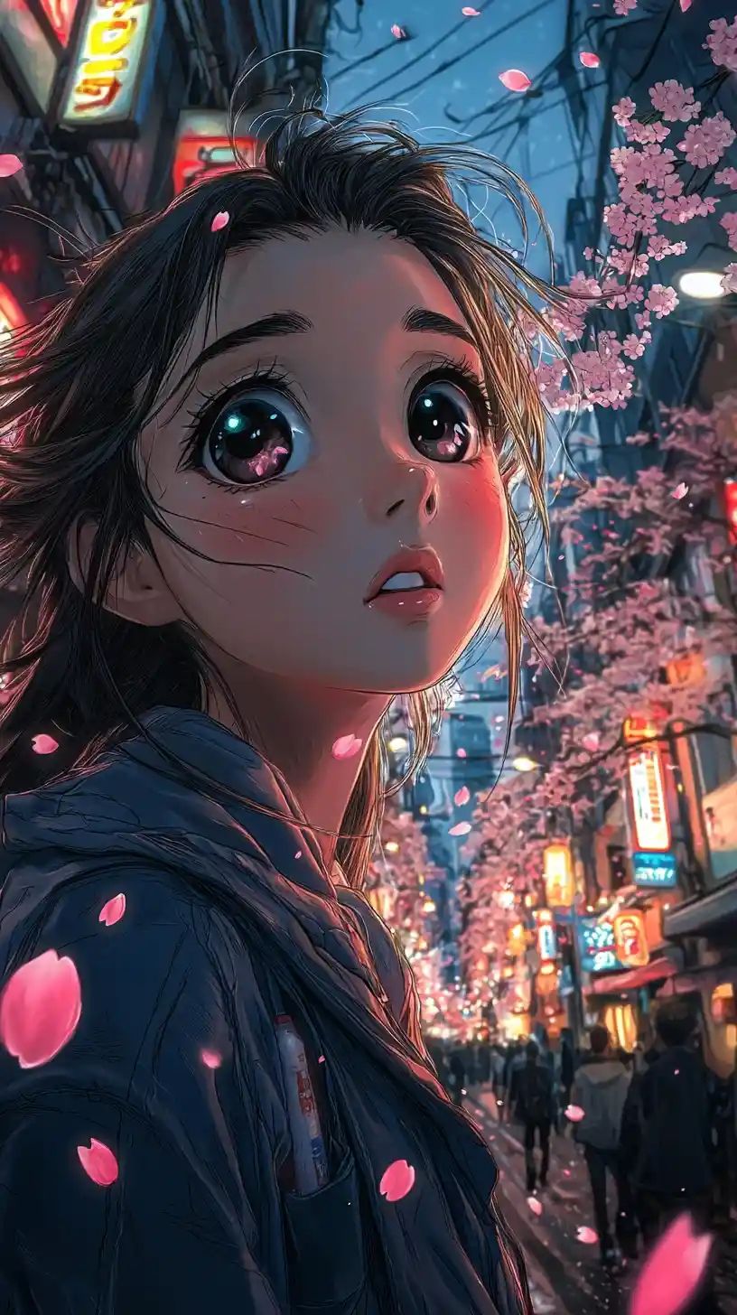 Anime girl at dusk on neon lit tokyo street