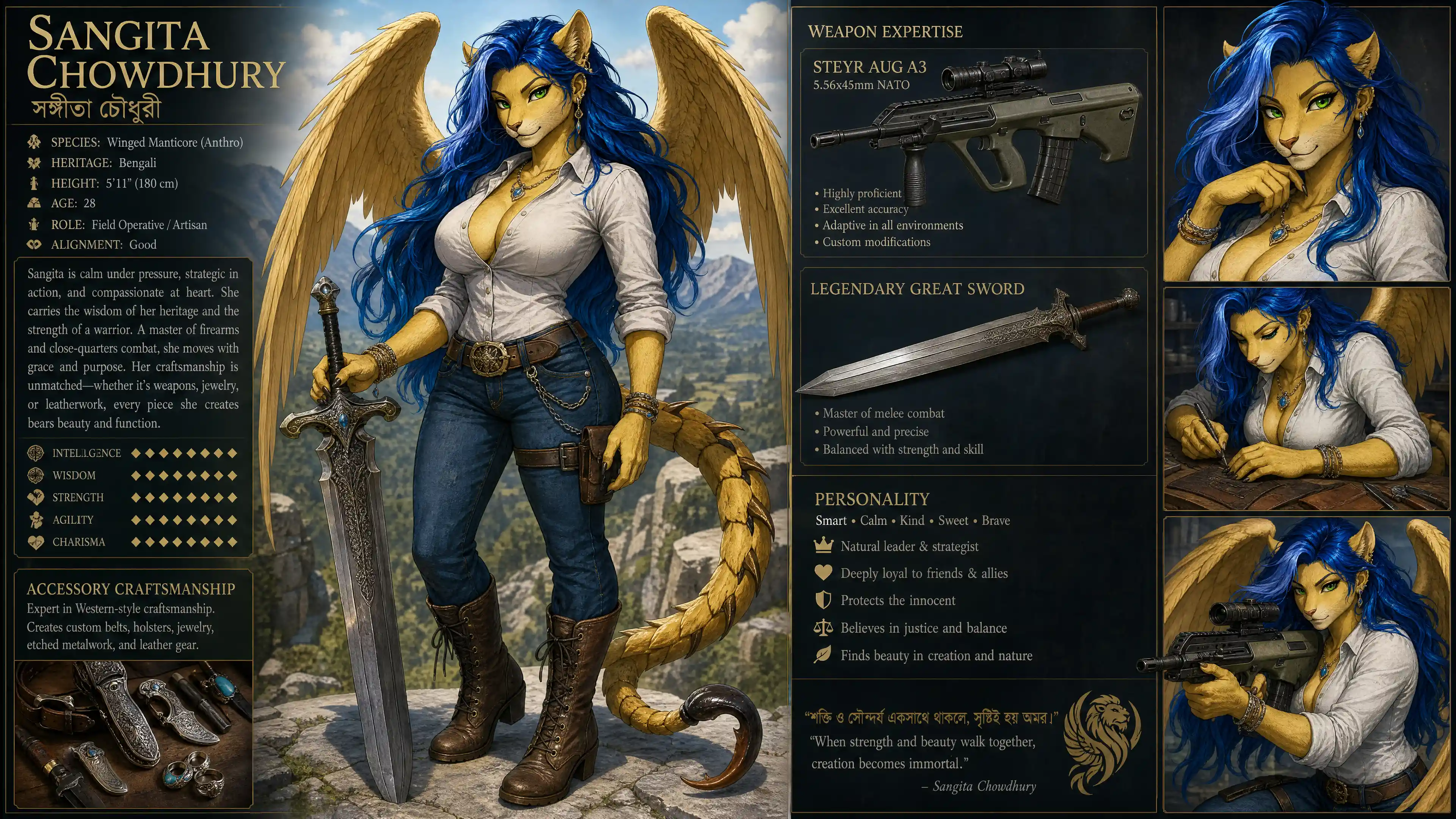 Winged fantasy woman with sword and rifle in jeans