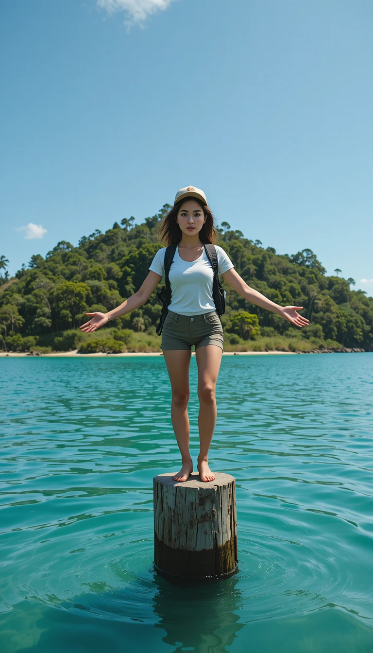 Woman balancing on a wooden post above turquoise water