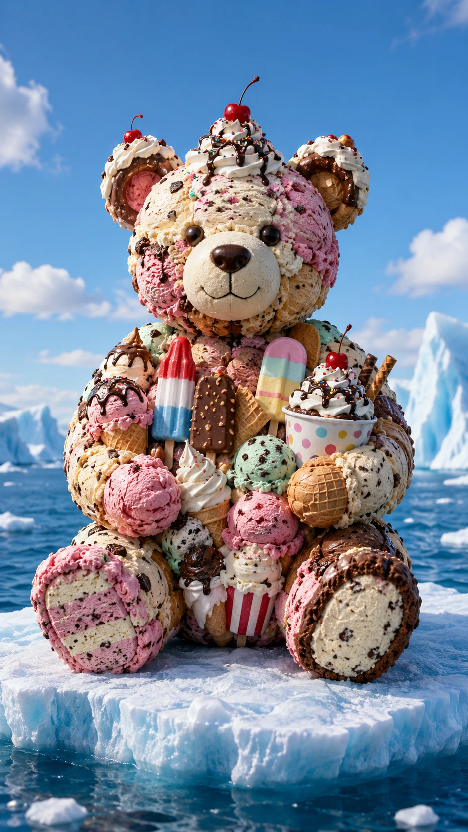 Whimsical ice cream bear sitting on an ocean ice floe