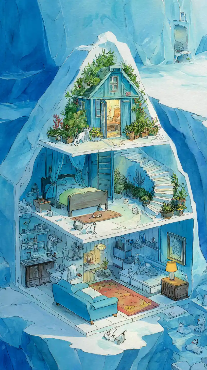 Cozy fantasy ice house with rooftop garden and kittens