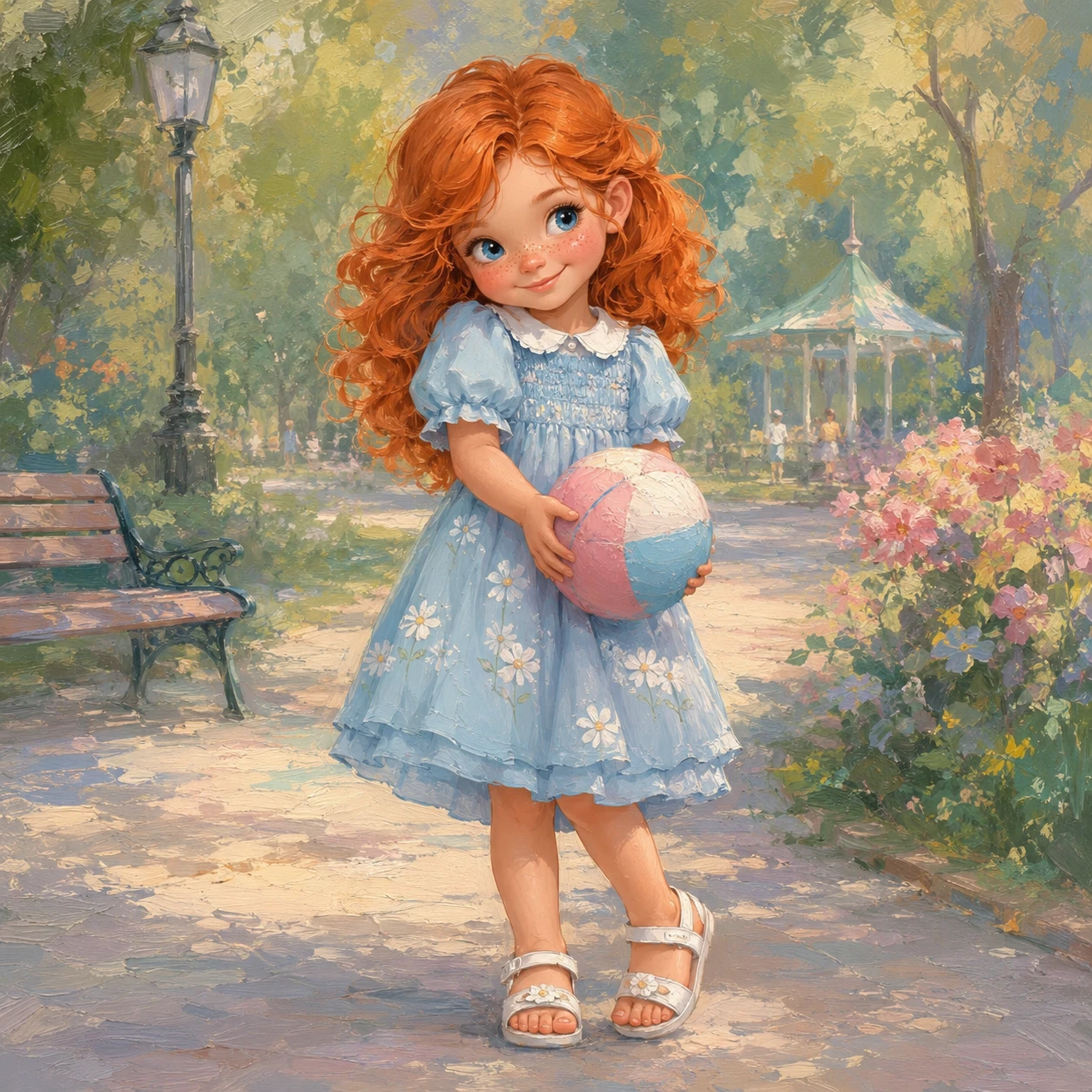 Playful red haired girl holding a ball in a park