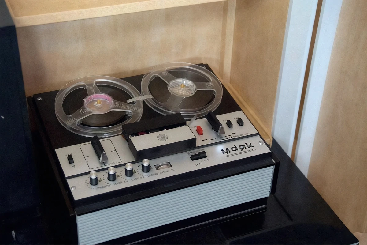Vintage reel to reel tape recorder with black and silver design