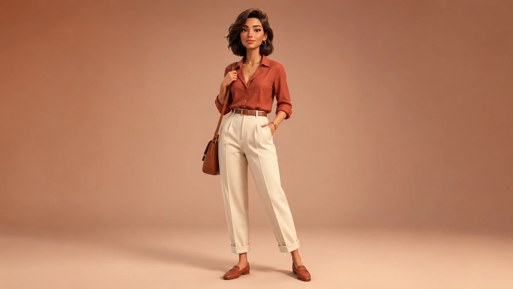 Stylized 3D woman in warm smart casual studio scene