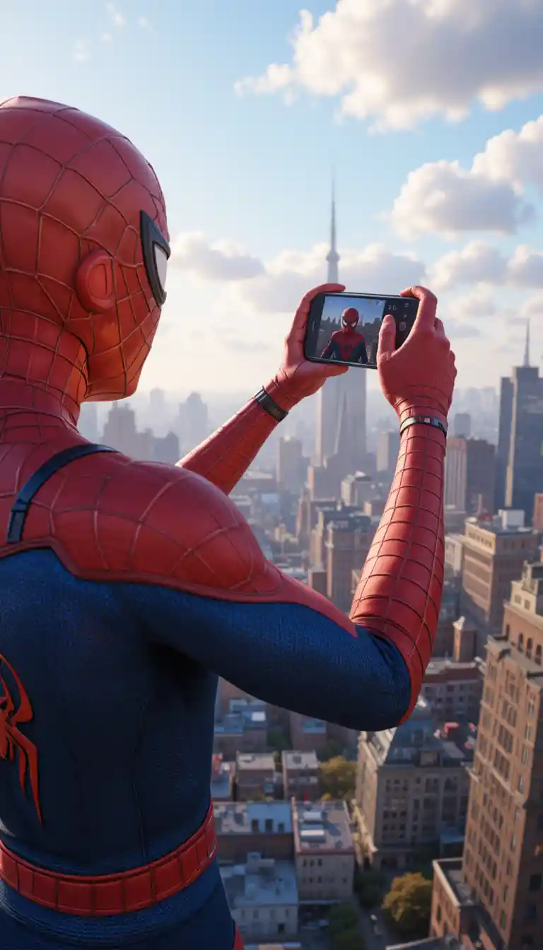 Superhero taking a smartphone photo in bright city skyline