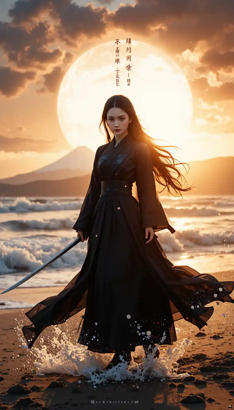 Japanese swordswoman with katana on windy beach at sunset