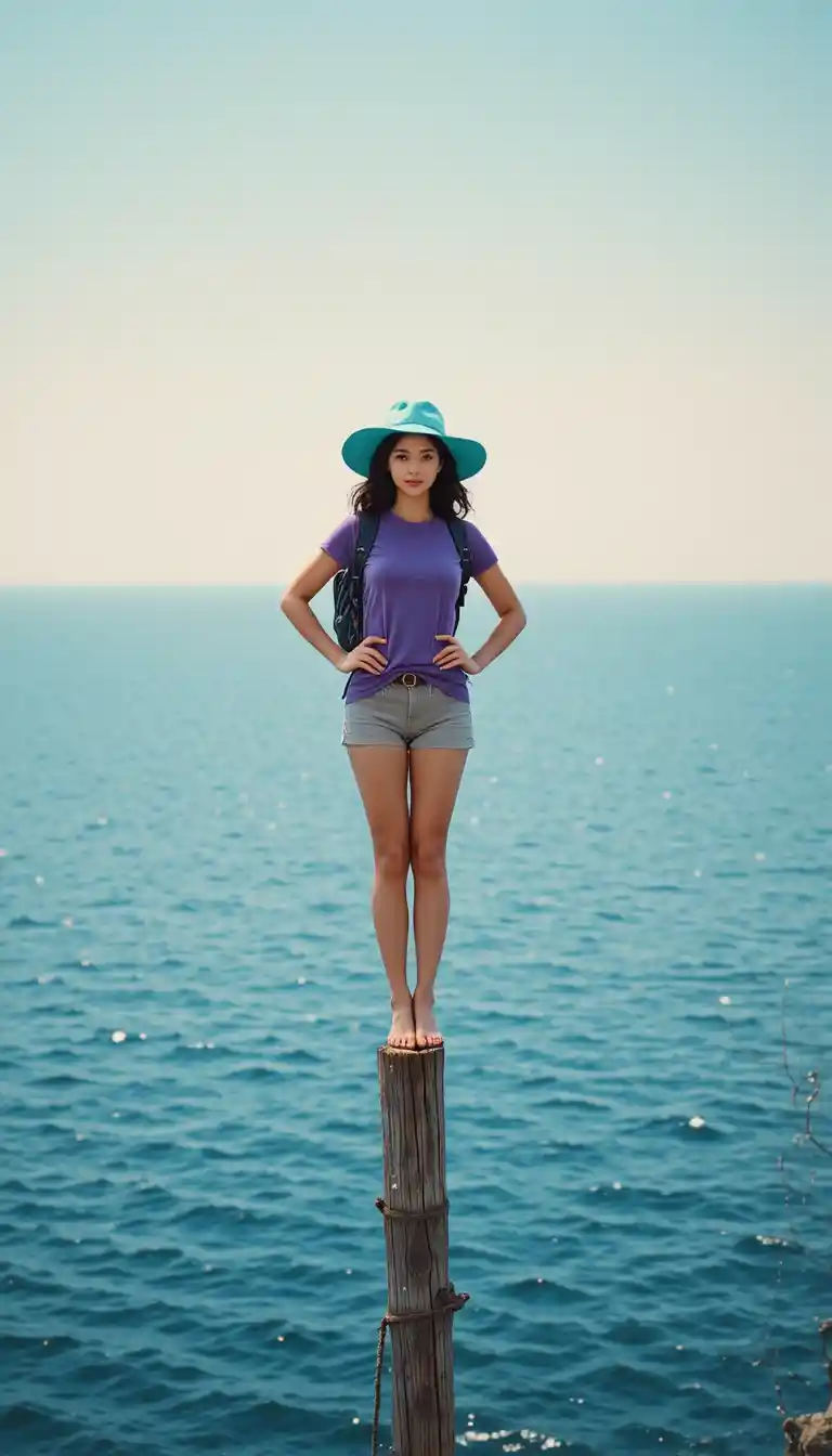 Young woman balancing on post above calm blue ocean