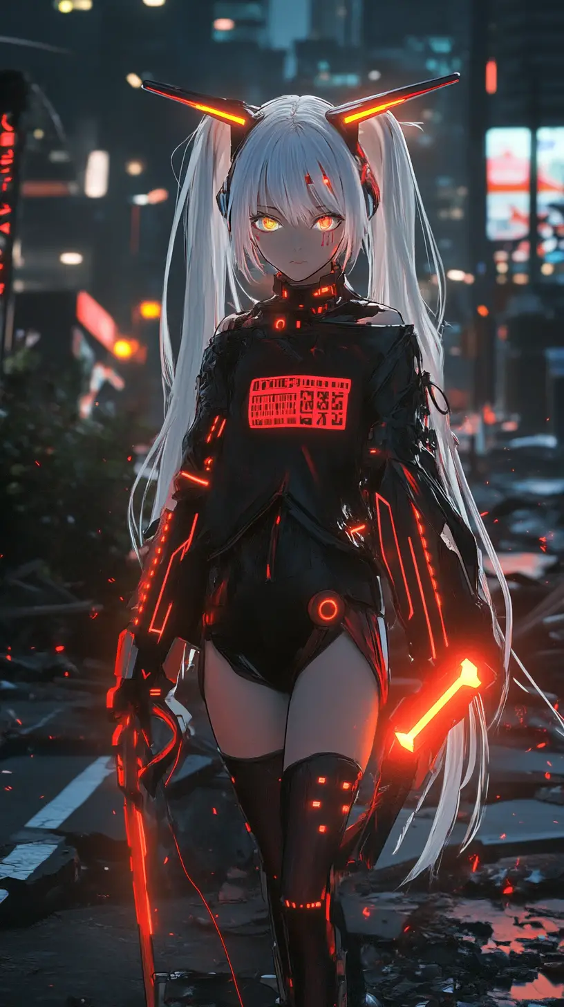 Armored anime girl with glowing futuristic sword at night
