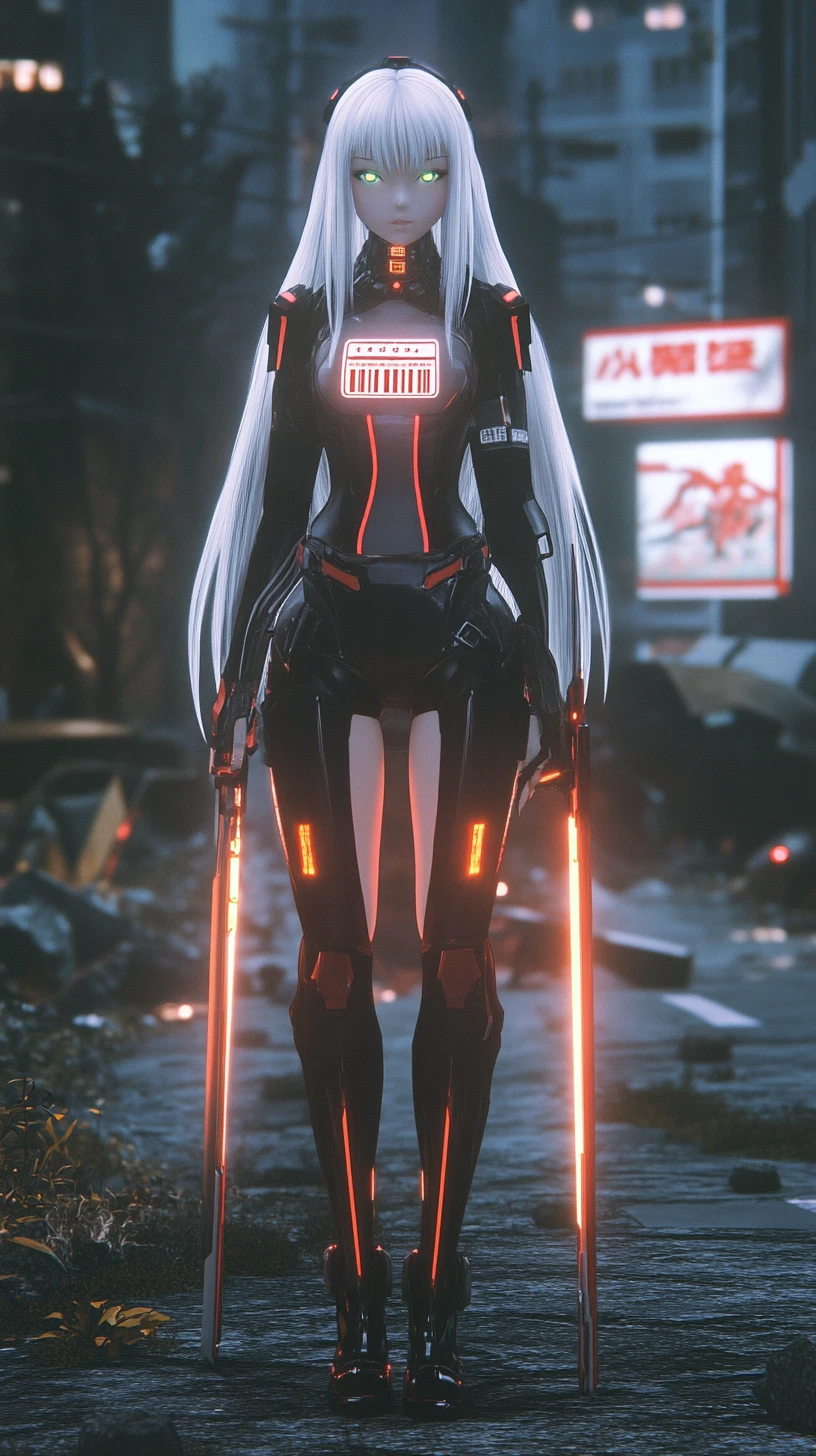 Futuristic anime girl in glowing armor with sword