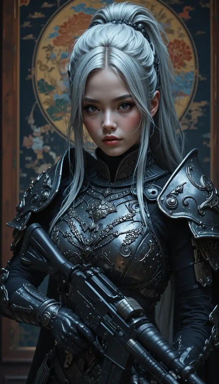 Silver haired warrior woman in ornate gunmetal armor