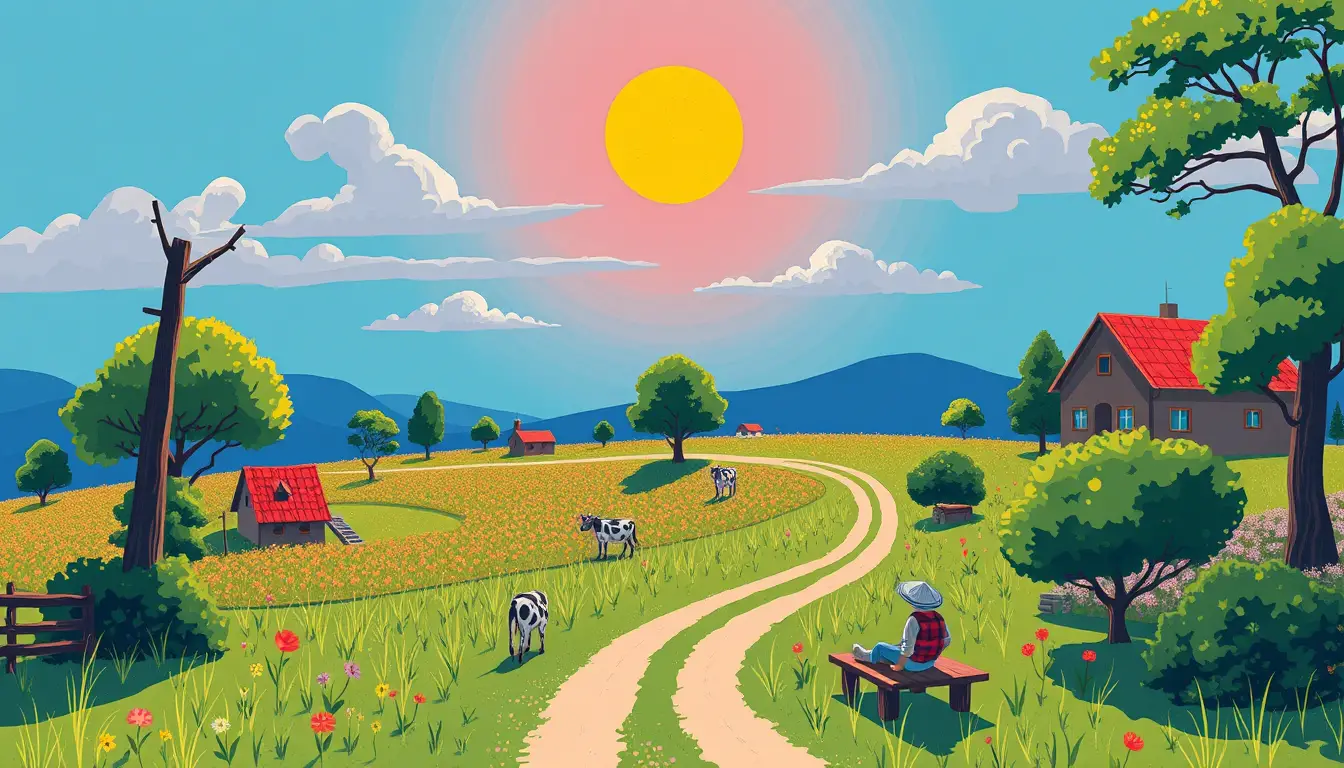 Colorful summer countryside with playful farm animals