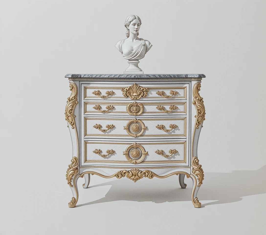 Elegant louis xiv chest of drawers on white background