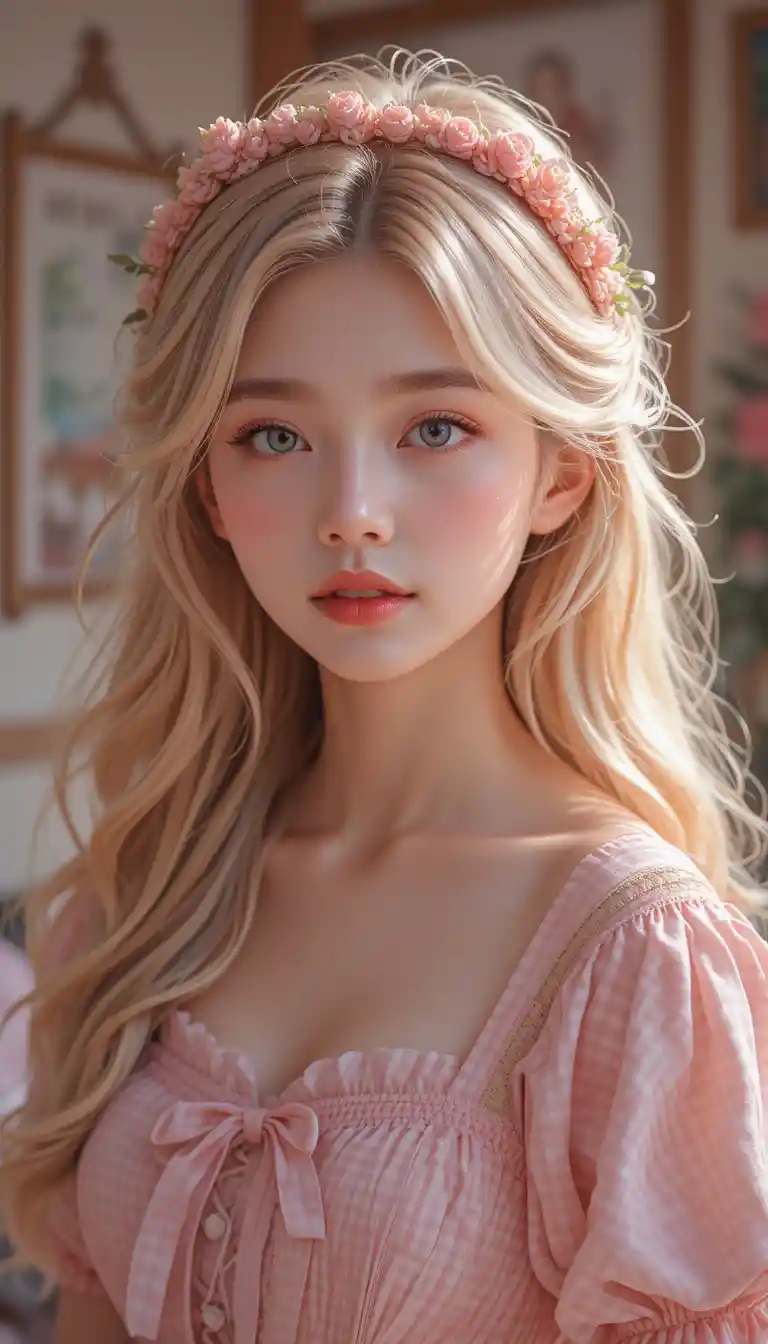 Pastel strawberry princess girl in pink gingham portrait
