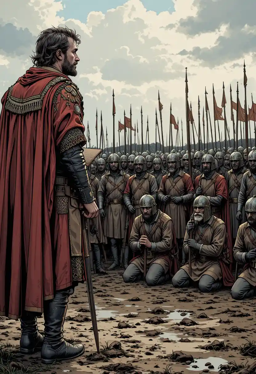 Henry V rallying kneeling troops in a muddy battlefield