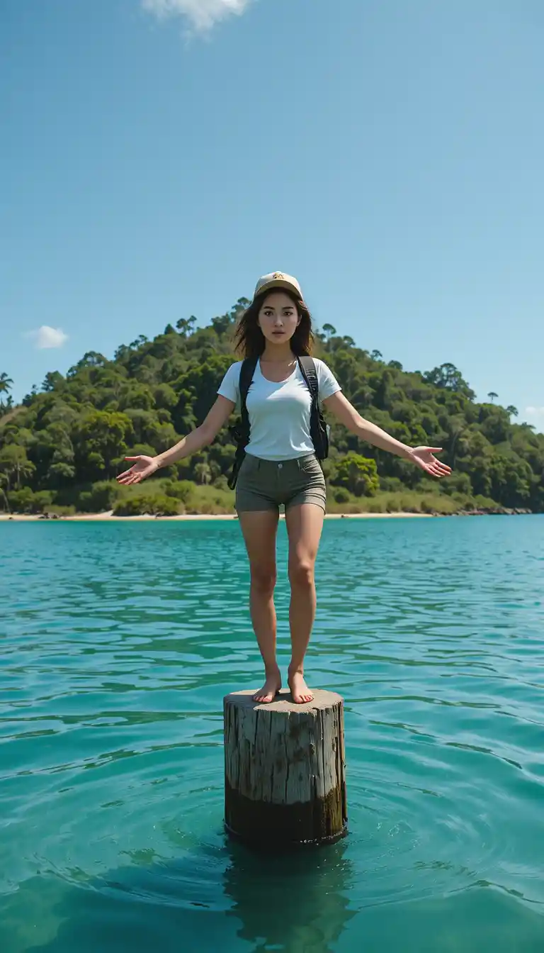 Woman balancing on a wooden post above turquoise water