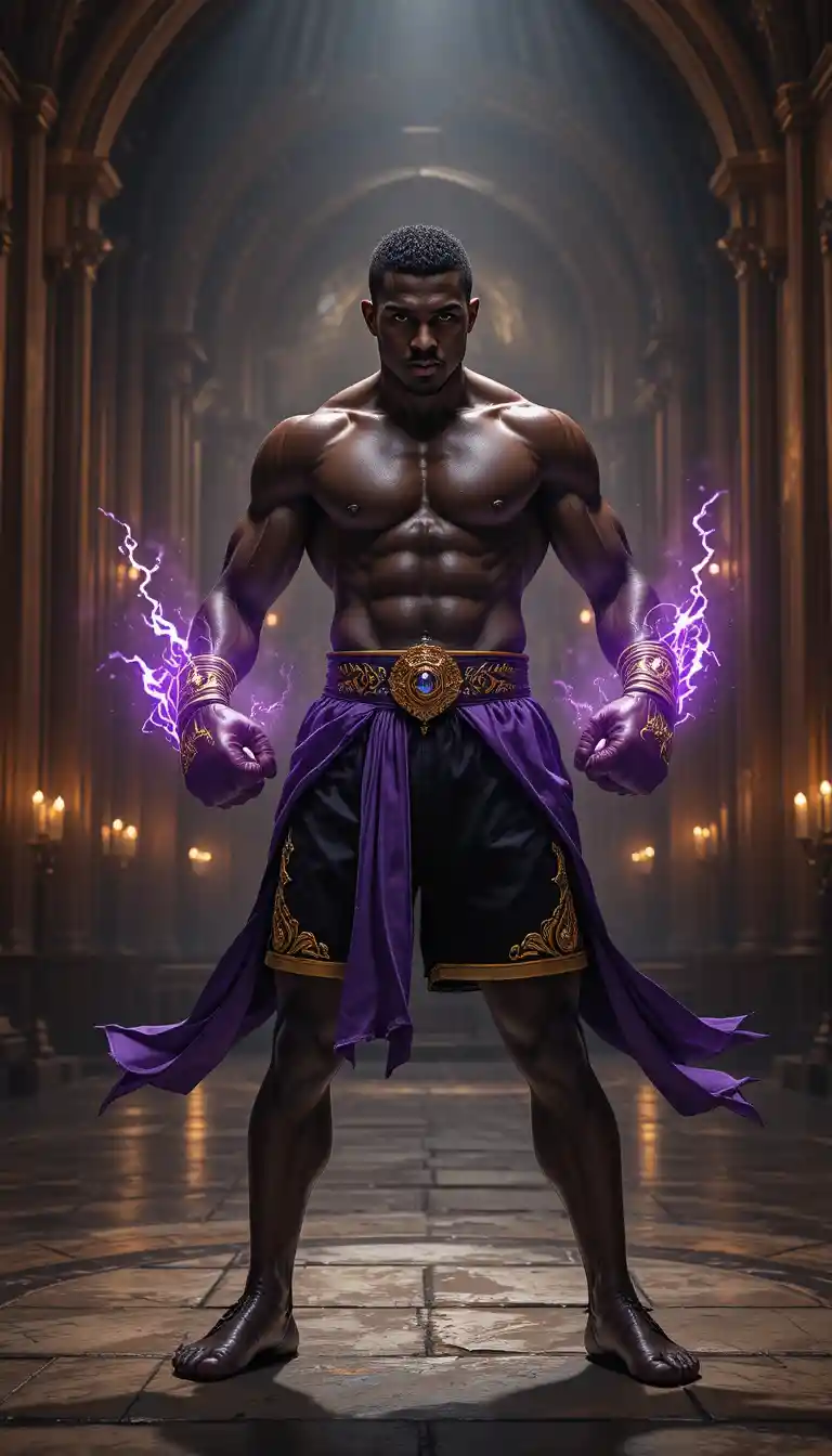 Black boxer with crackling energy in gothic chamber