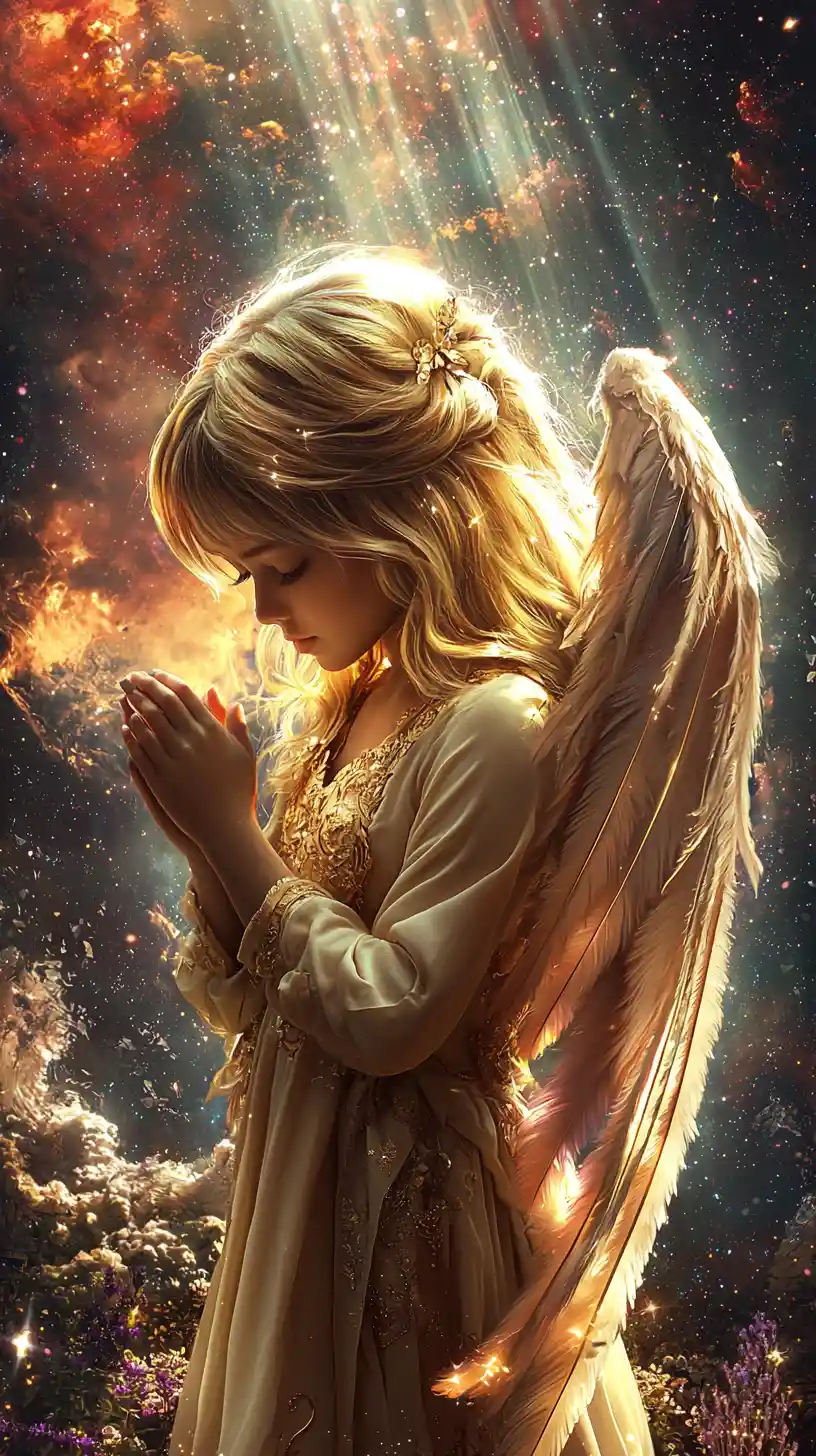 Ethereal angelic woman with glowing wings in heavenly light