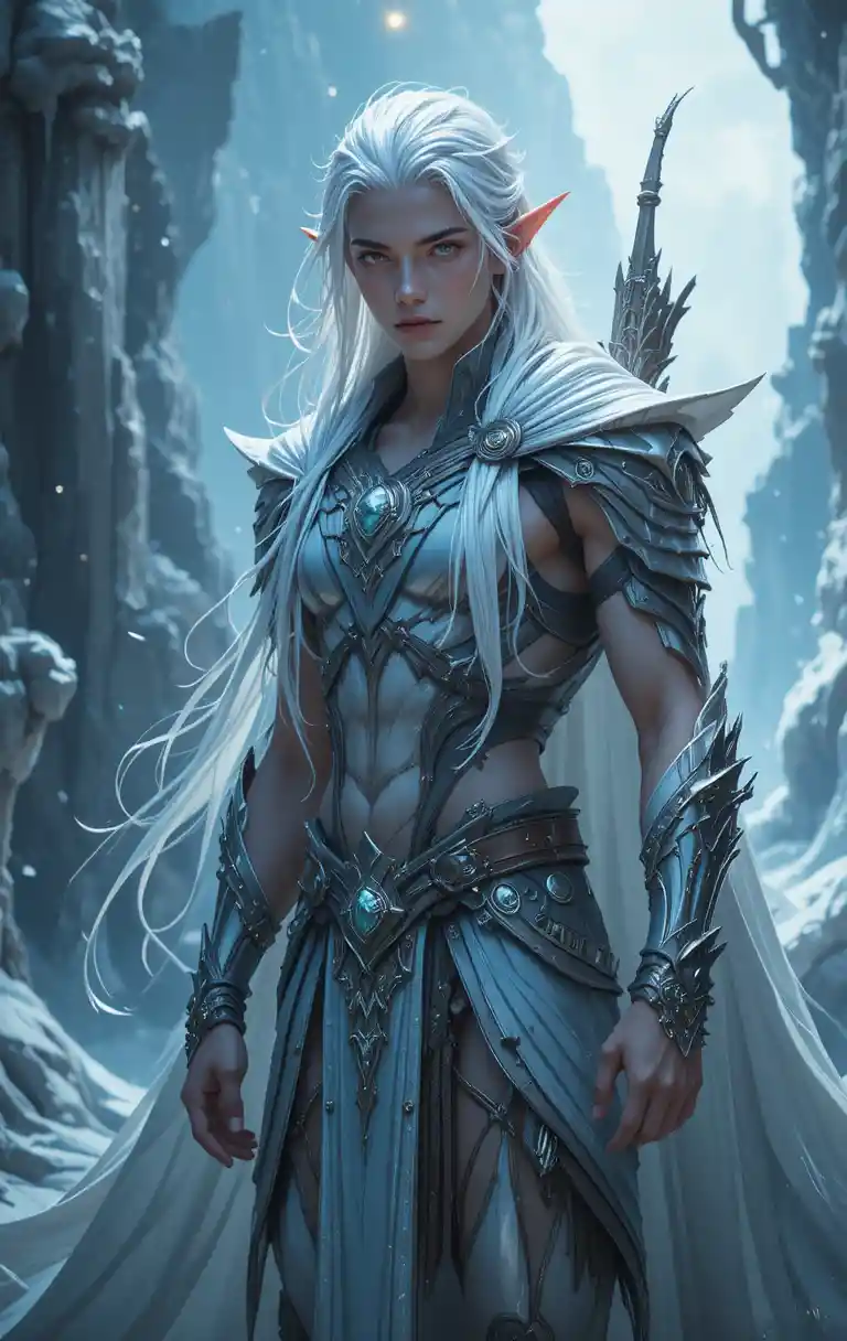 Elf archer with white hair and violet eyes in armor