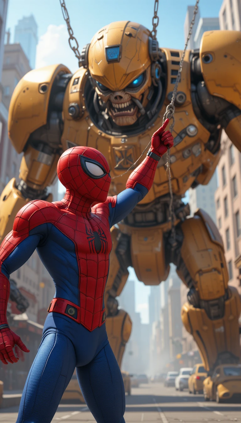 Superhero triumphs over giant robot in bright city scene