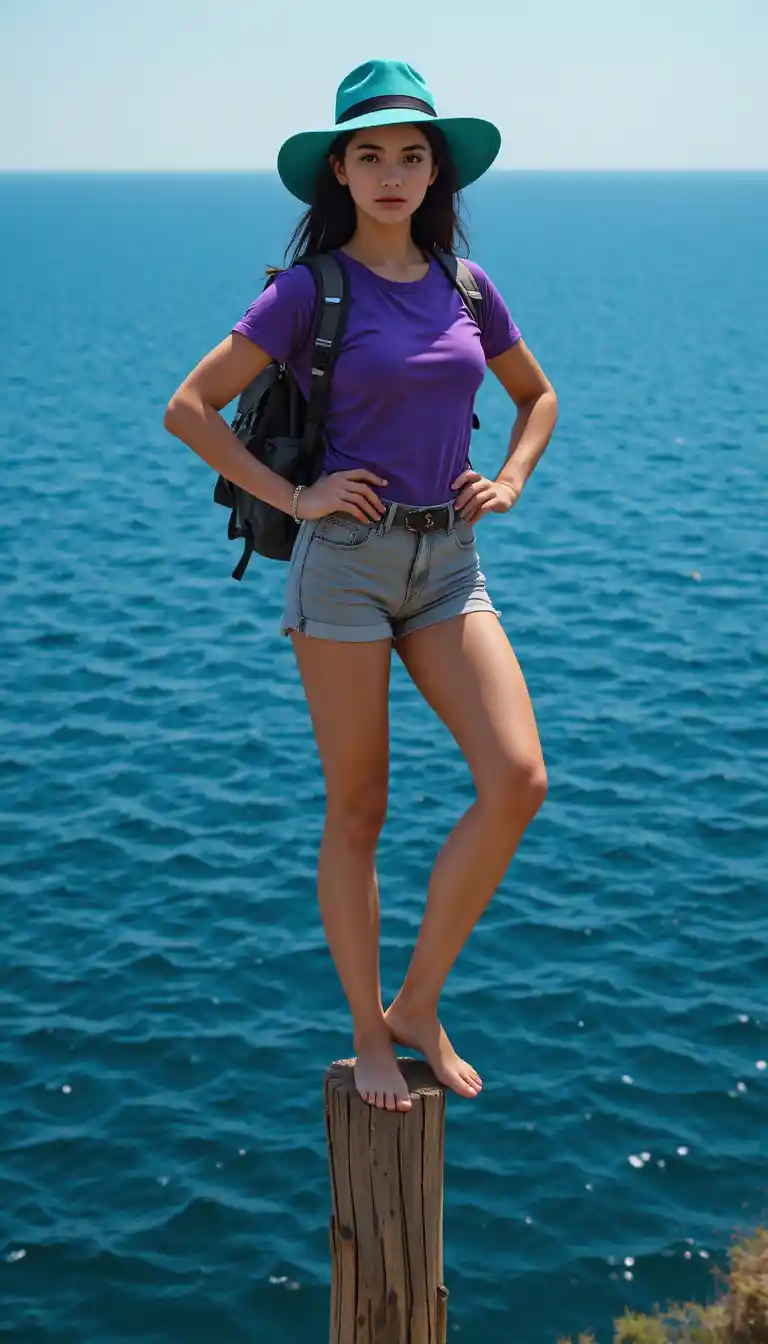 Young woman balancing on a wooden post above the ocean