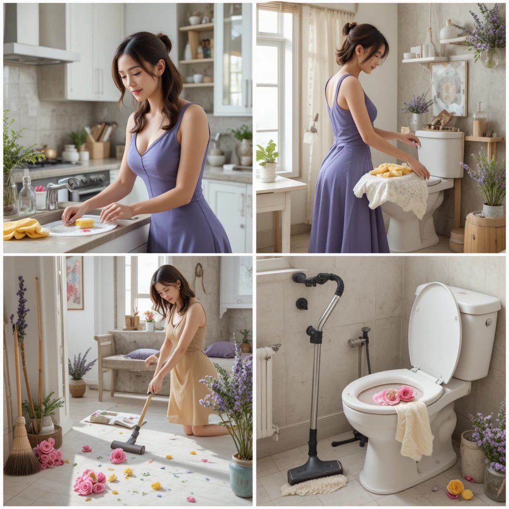 Young woman washing dishes at a kitchen sink