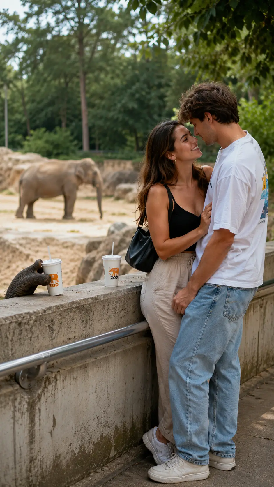 Playful elephant steals drink behind an oblivious couple