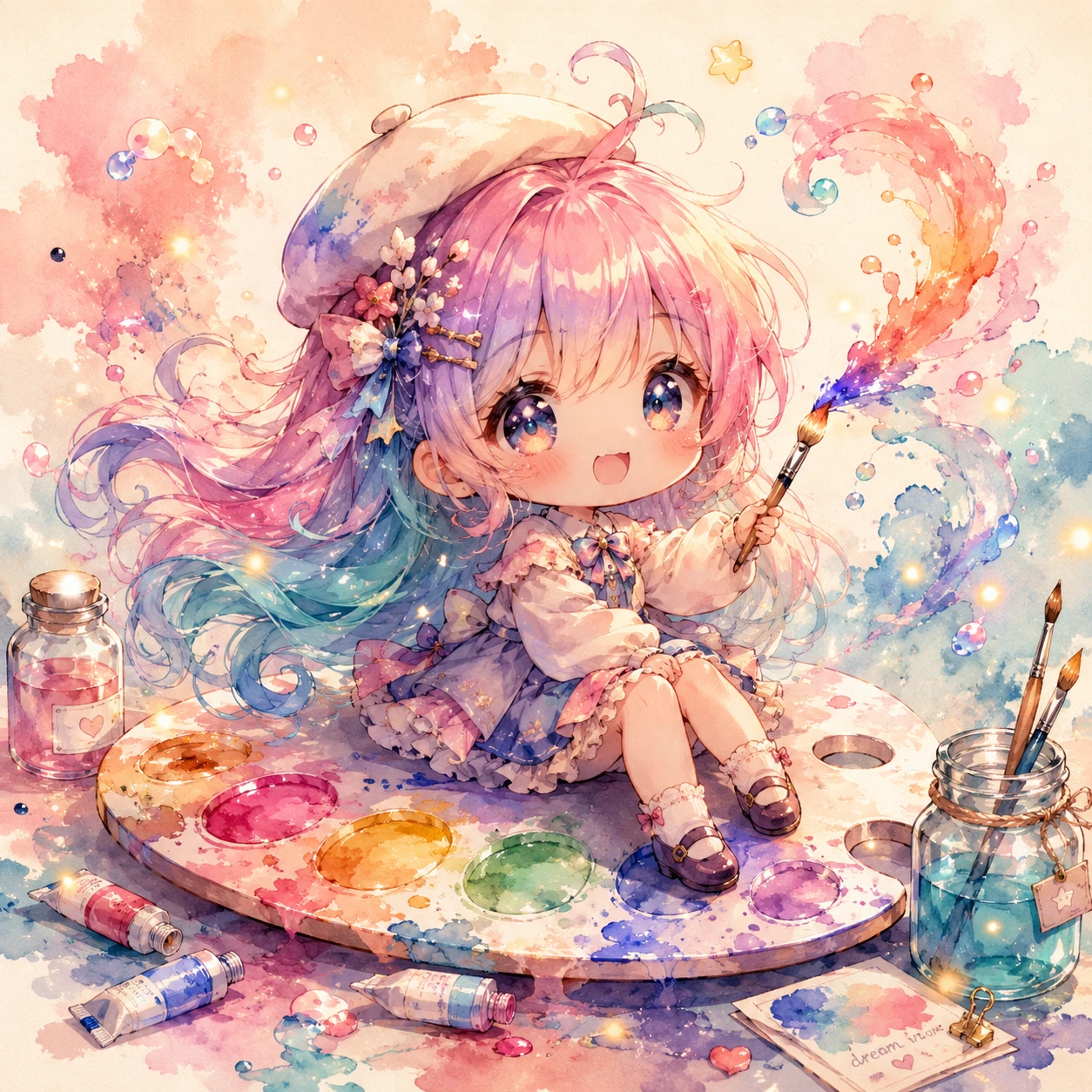 Cute chibi anime girl on a giant watercolor palette