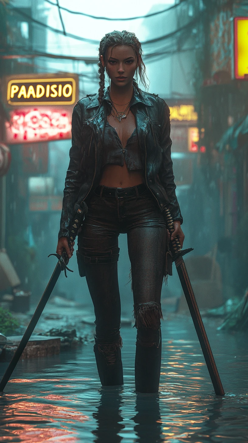 Sword wielding woman in flooded neon ruined city street