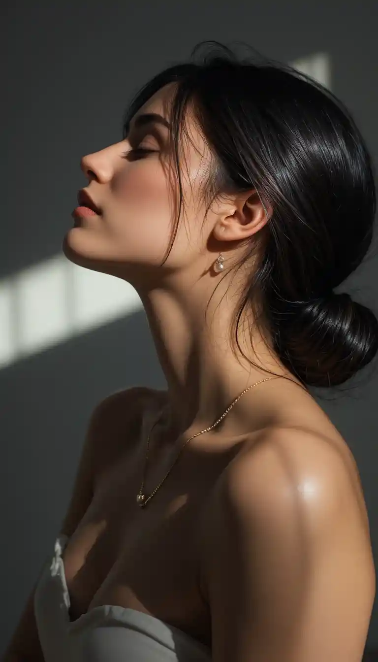 Woman in profile leaning into sunlight on gray wall