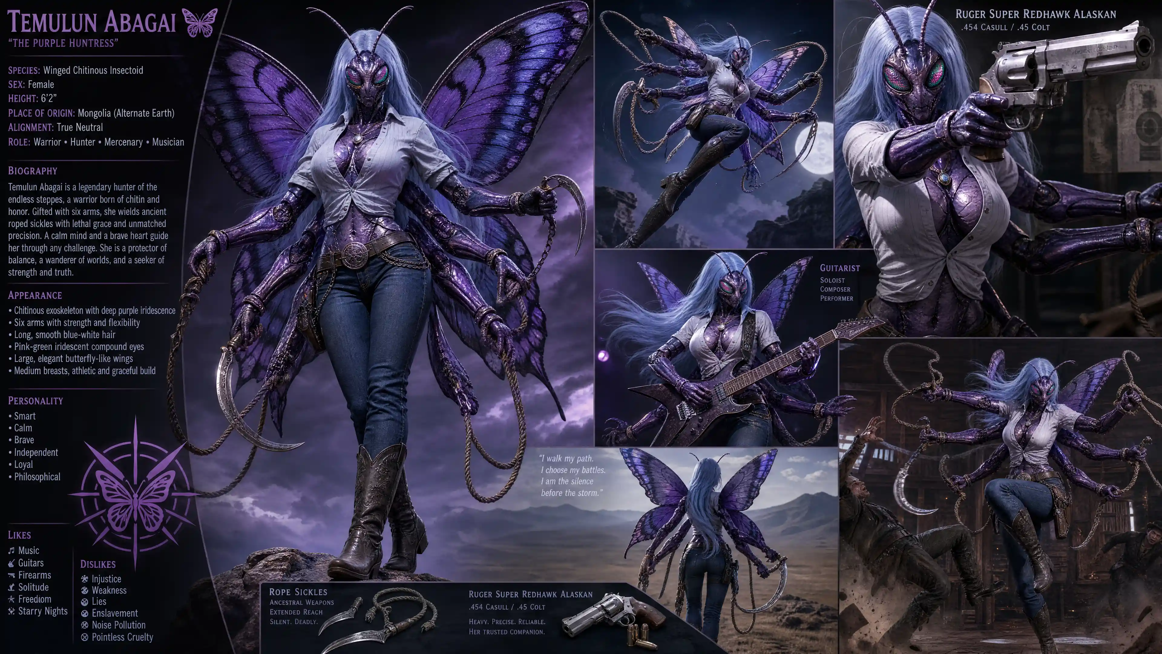 Calm winged Mongolian woman with insect features