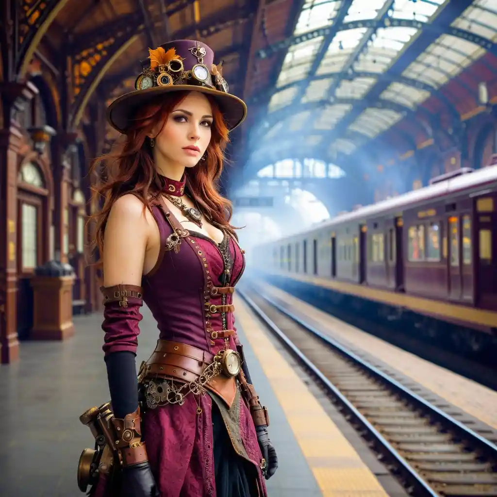 Dangerous steampunk woman standing in a busy train station