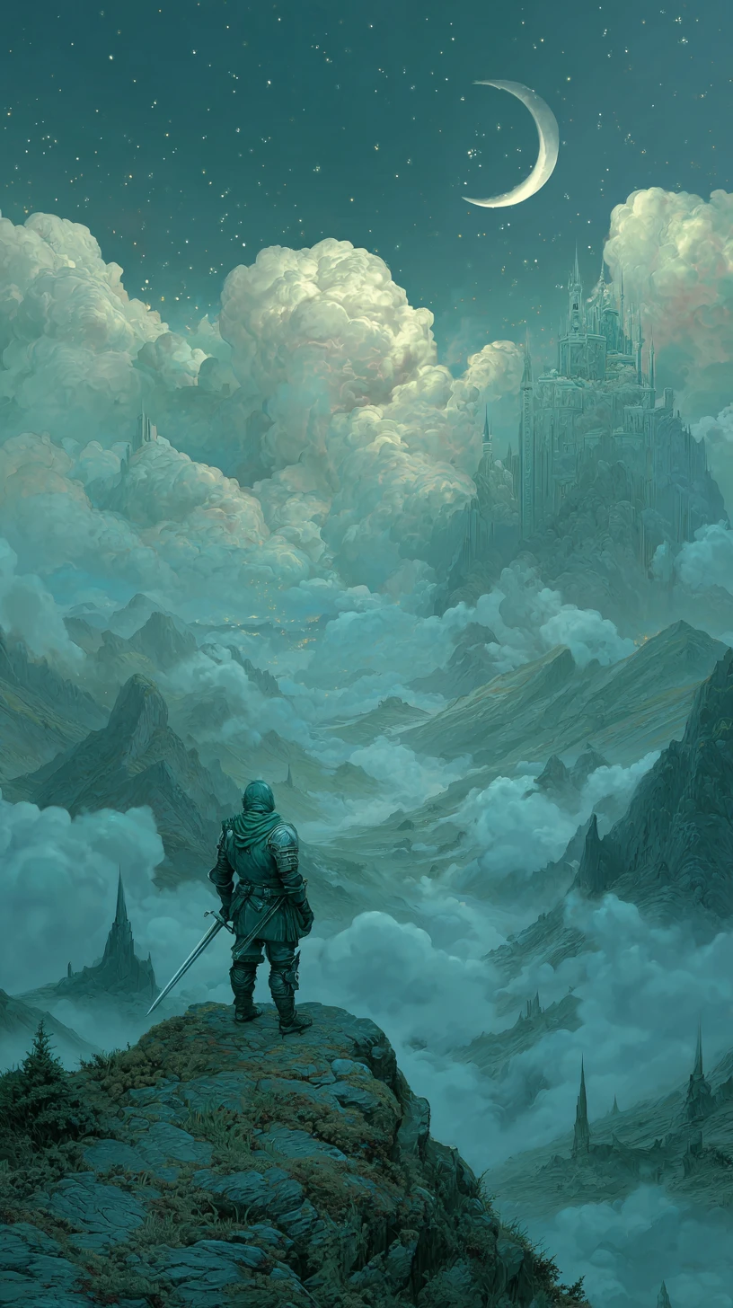 Ancient warrior on misty moonlit mountain peak at night