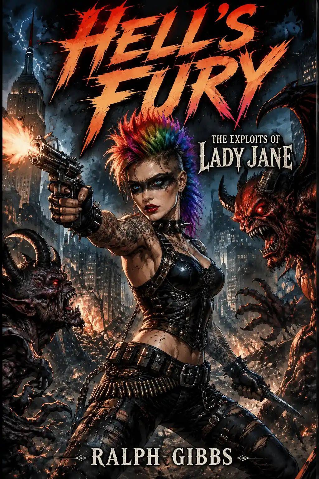 Warrior woman firing on demons in dystopian city