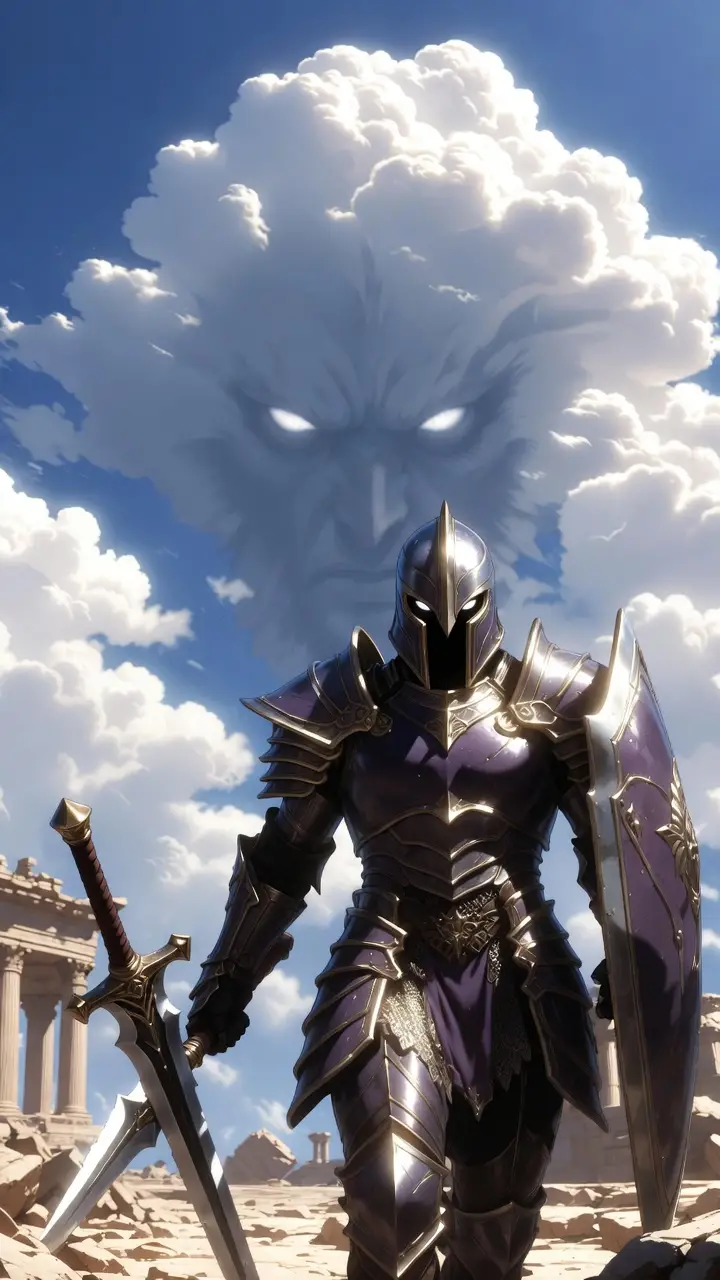 Warrior Leaving Ancient Temple Ruins Under Glowing Sky