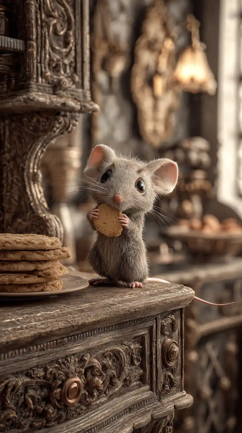Cute mouse stealing a crumb in a warm vintage kitchen
