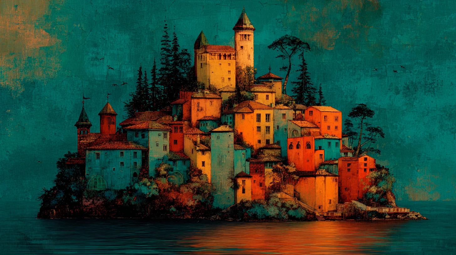 Surreal fantasy island crowned by a luminous enchanted castle