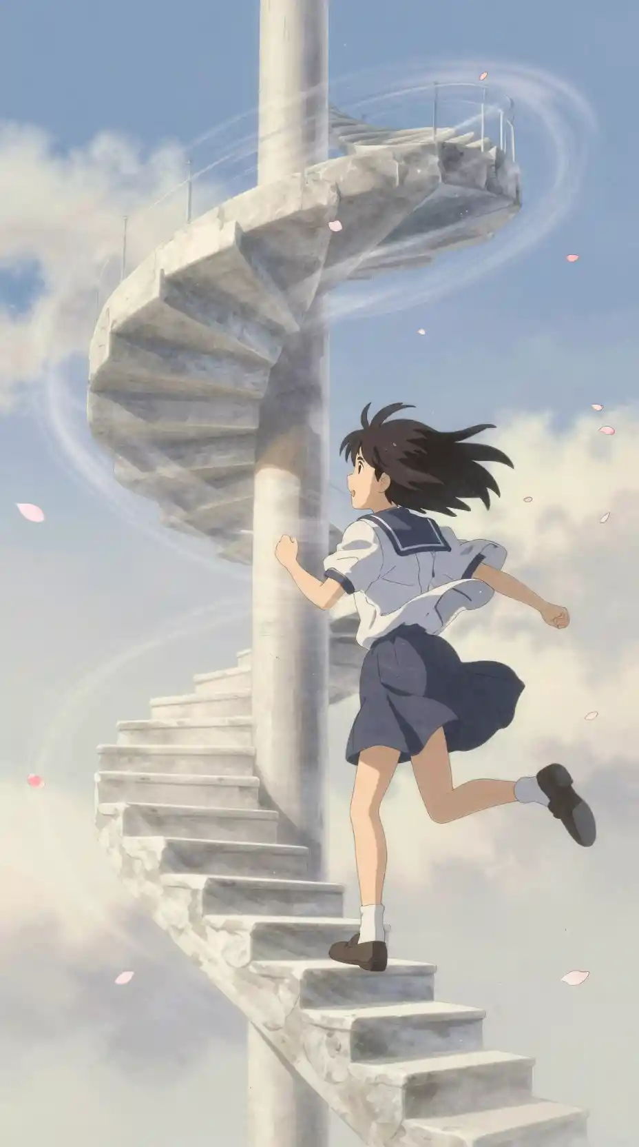 Anime schoolgirl running up a vast spiral sky staircase