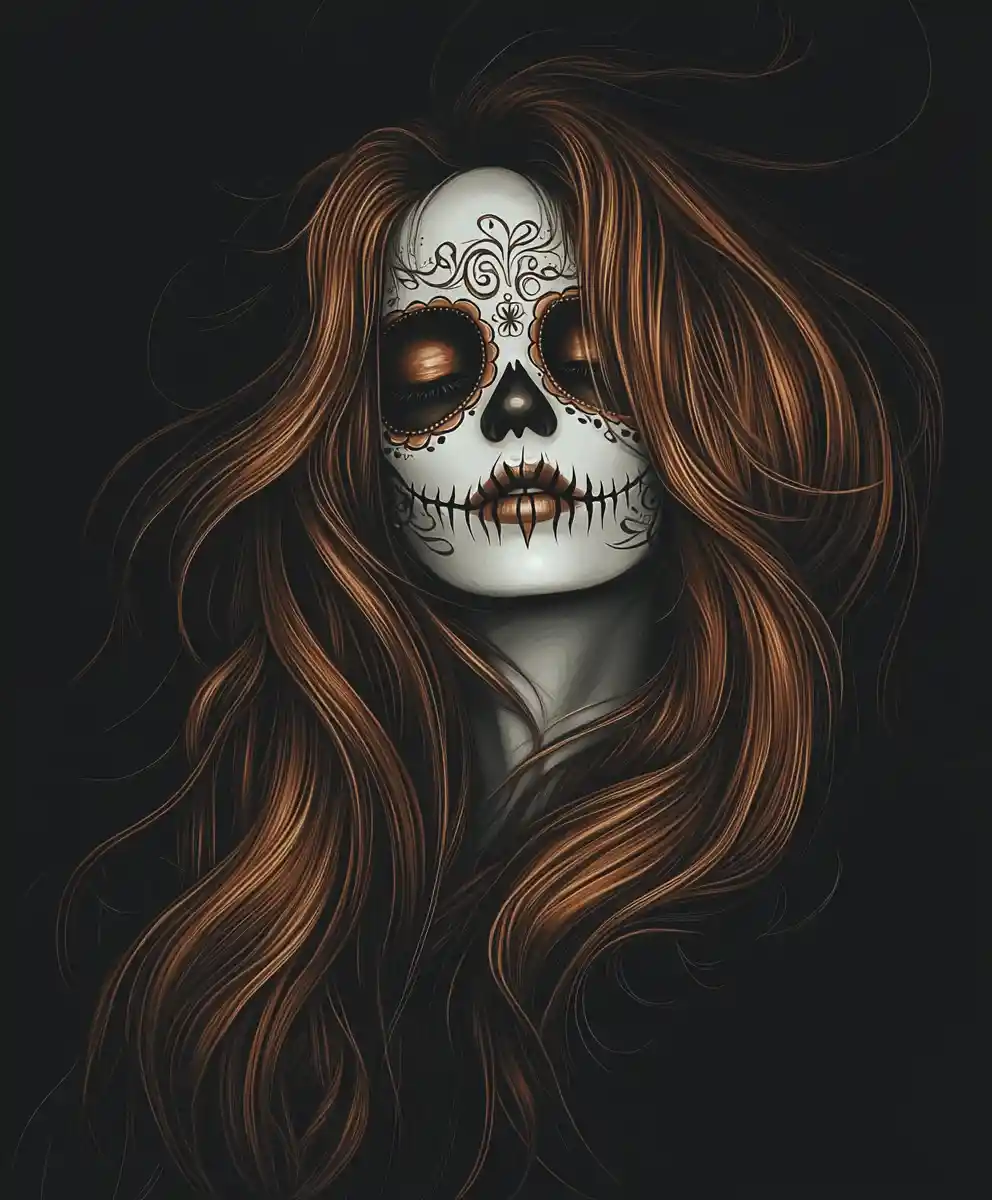 Woman with sugar skull makeup against black background