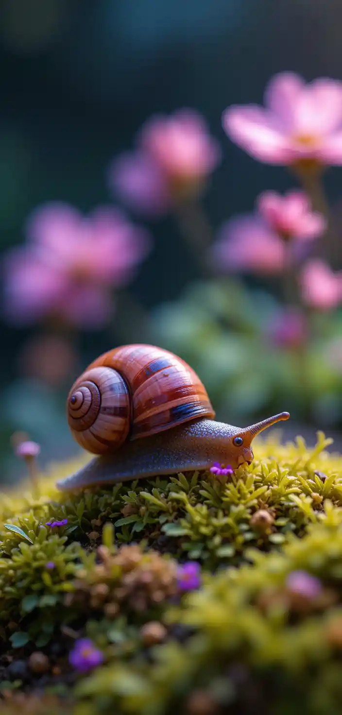 Colorful snail resting on bright green moss at night